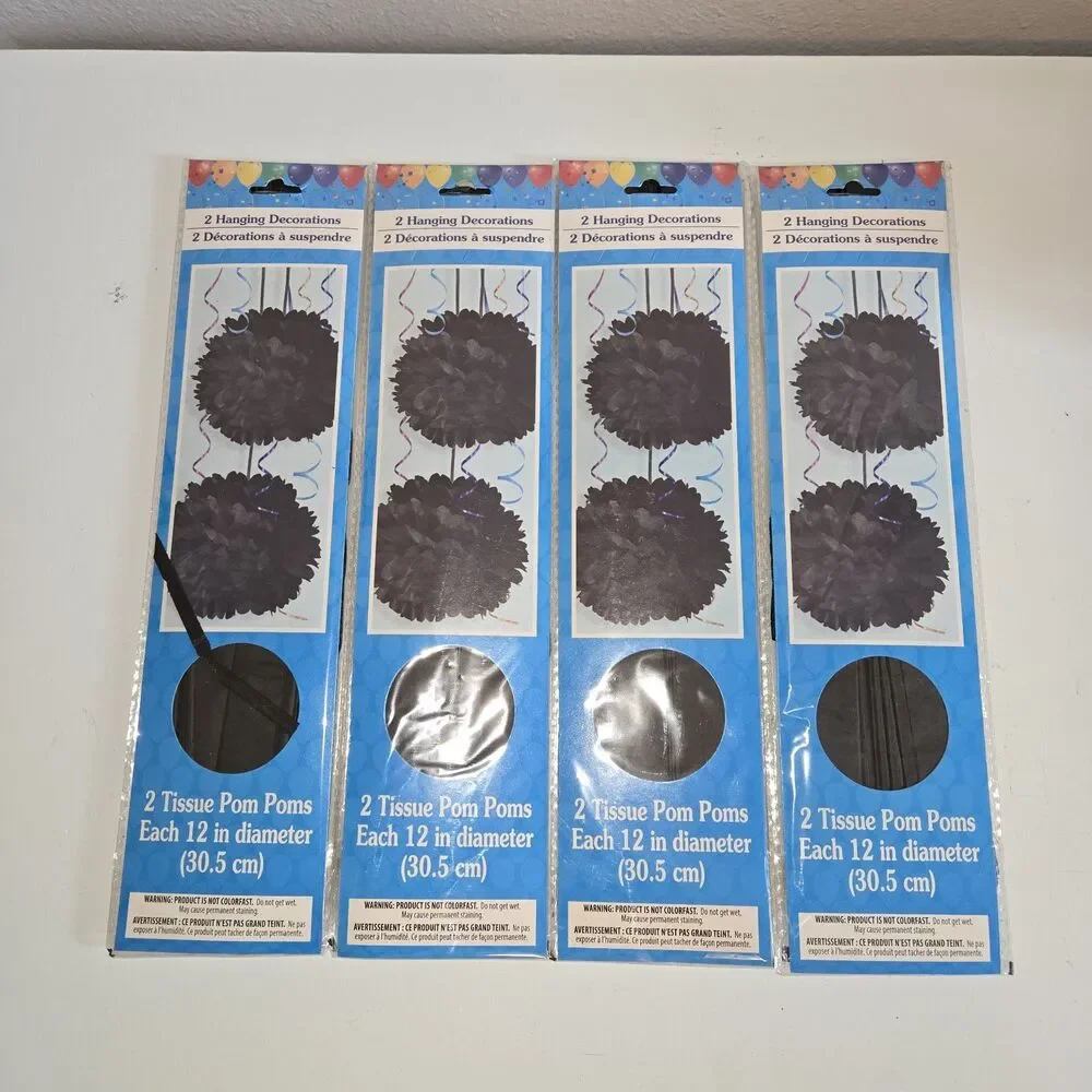 Lot of 8 (4 Packs) Black Tissue Pom Poms 12